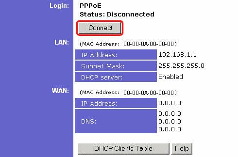 Linksys Staus page showing the Connect Button for PPPoE authentication.